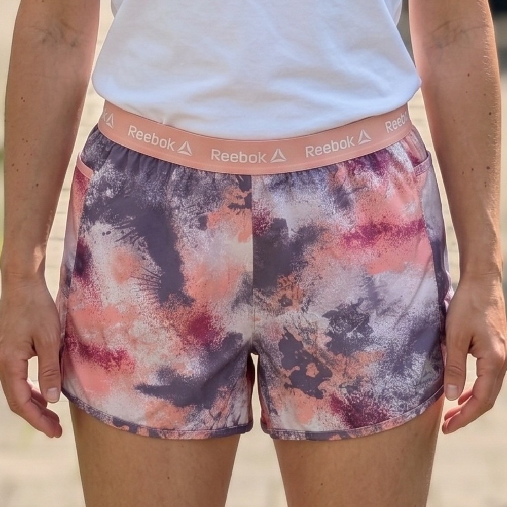 Reebok Womens Purple Peach Abstract Splatter Athletic Running Shorts Liner‎ L
